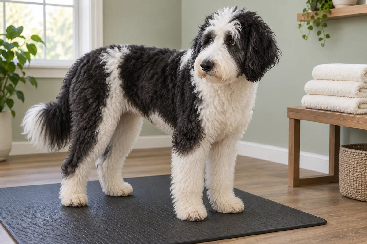 A black-and-white Sheepadoodle standing on a non-slip mat in a bright grooming room