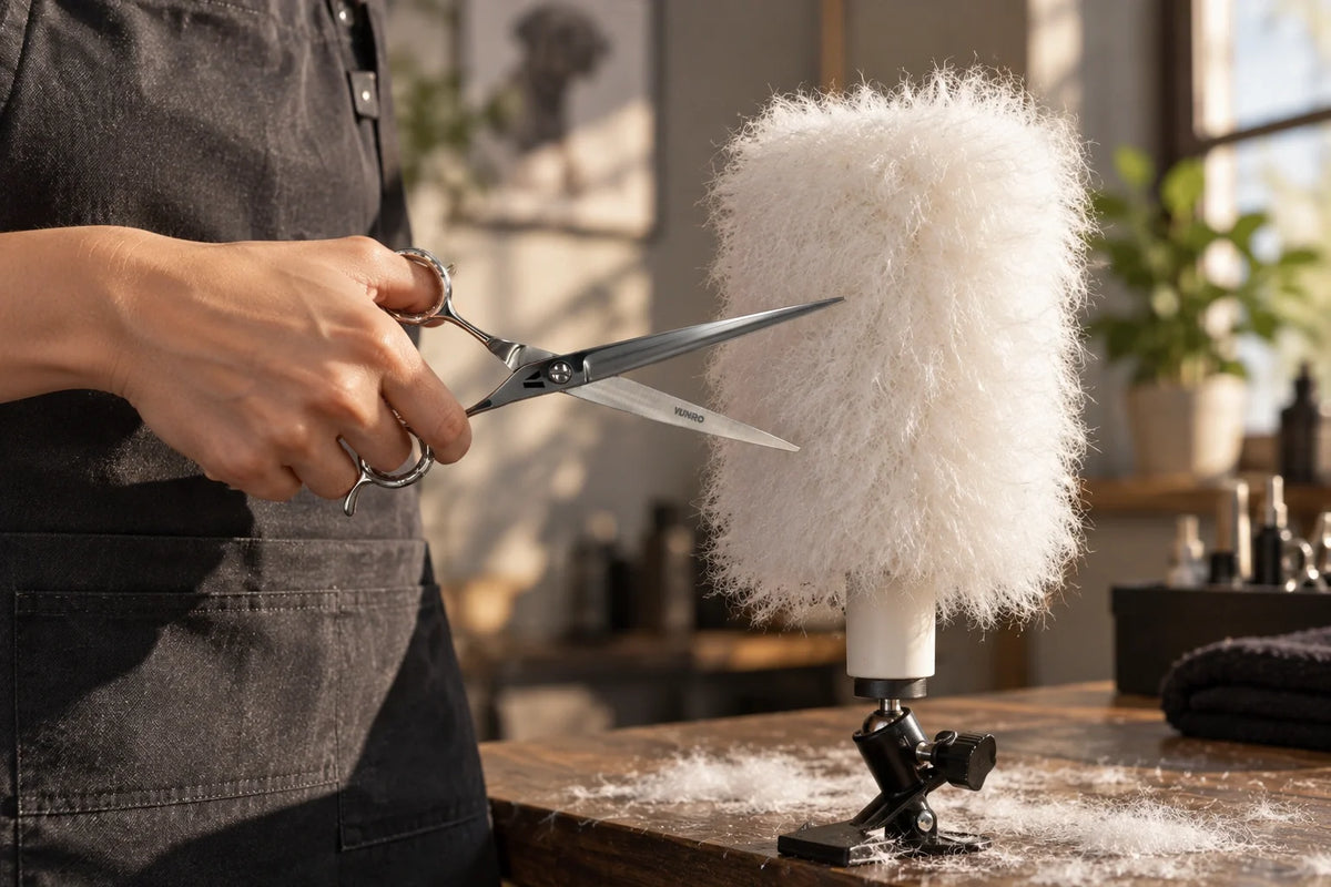 VUNRO straight scissors beside a dense synthetic practice-fur cylinder secured in a grooming training clamp