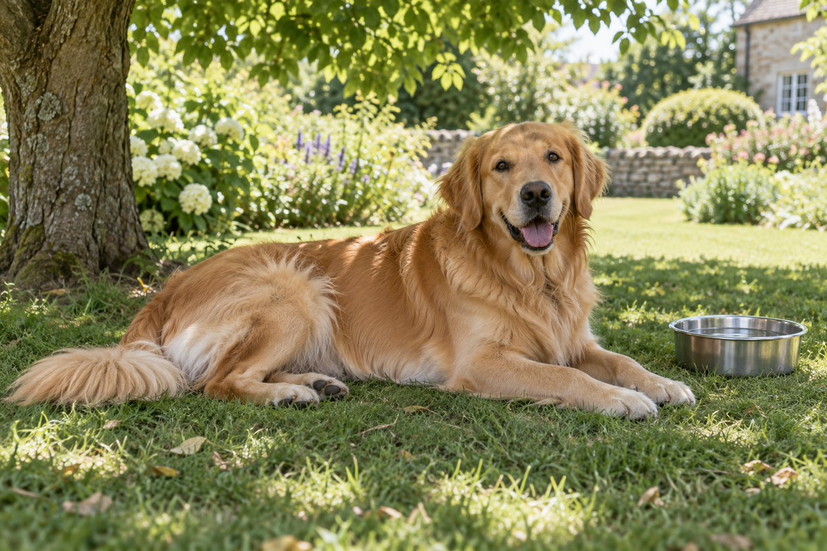 Golden retriever with its natural full coat resting in garden shade beside fresh water