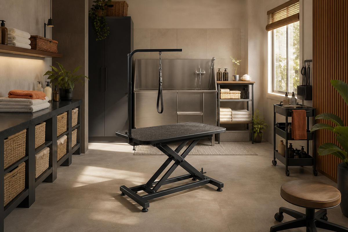 Editorial illustration of a prepared grooming workspace between appointments