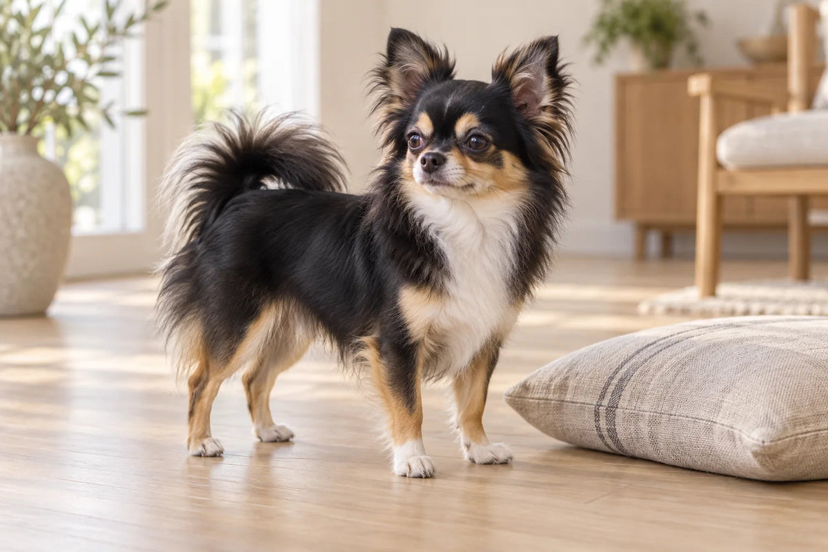 A long-coated black tan and white Chihuahua standing beside a linen cushion