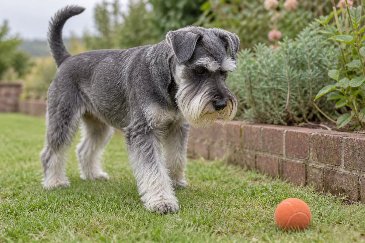 A salt-and-pepper Miniature Schnauzer with natural folded ears walking towards an orange ball