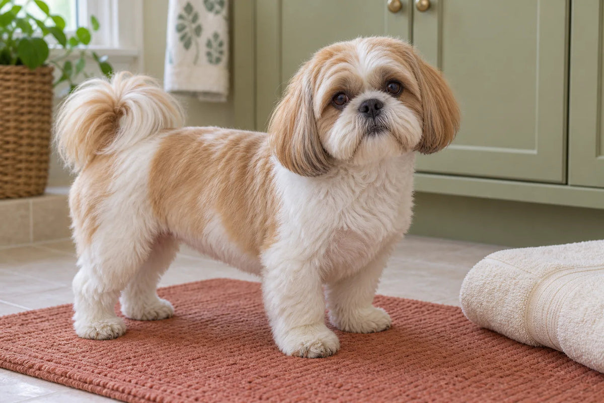 A gold-and-white Shih Tzu with a neat pet haircut standing beside a folded towel