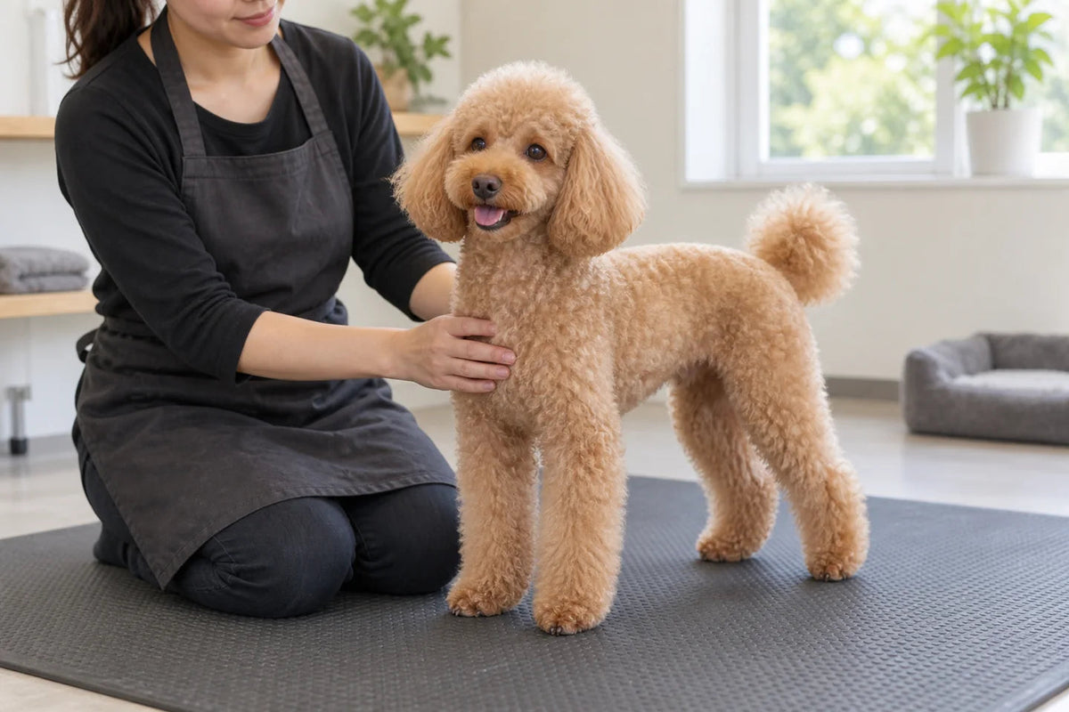 Apricot Poodle standing comfortably beside an adult in a plain apron