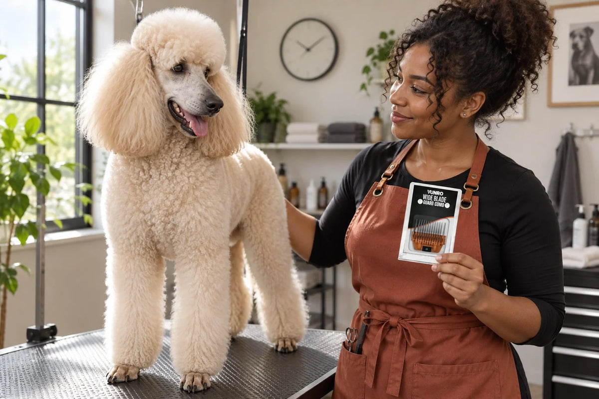 Groomer holding VUNRO ColorMax Wide Guard Comb packaging beside a standard Poodle