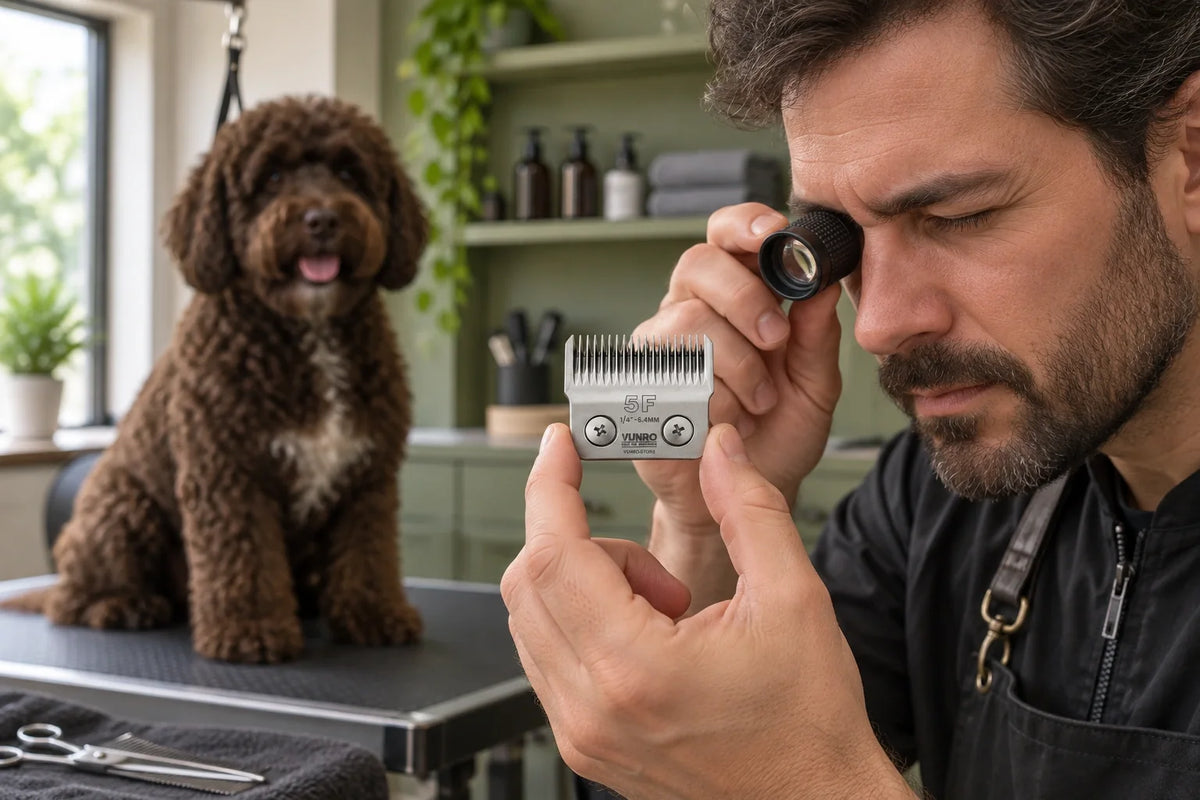 Groomer inspecting a correctly scaled VUNRO D-Series 5F blade with a loupe beside a Portuguese Water Dog