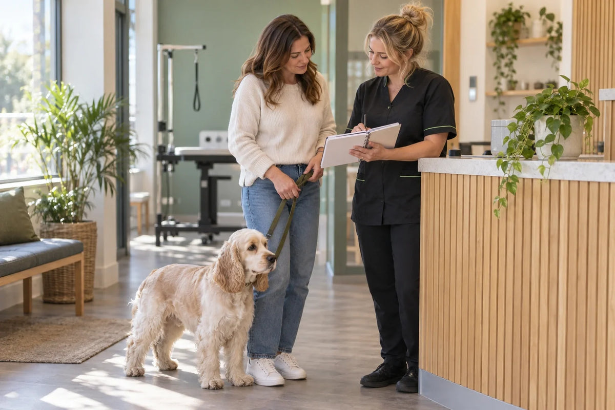 Groomer and owner discussing a grooming record beside a calm spaniel, without a depicted skin injury or treatment